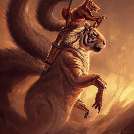 Image similar to Squirrel knight riding tiger, magic the gathering artwork, horror, D&D, fantasy, cinematic lighting, centered, symmetrical, highly detailed, digital painting, artstation, concept art, smooth, sharp focus, illustration, volumetric lighting, epic Composition, 8k, art by Akihiko Yoshida and Greg Rutkowski and Craig Mullins, oil painting, cgsociety