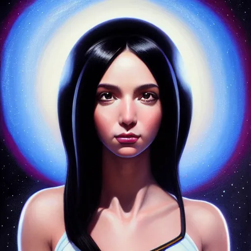 Image similar to a portrait of a very beautiful woman in a spacesuit, Alexandria's genesis, shoulder-length black hair, bored, illustration, soft lighting, soft details, painting oil on canvas by mark arian by artgerm, trending on artstation, 4k, 8k, HD