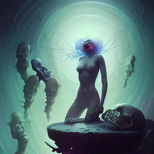 Prompt: shackled in the void, by hr beeple and cgsociety. stunning goddess of speed charlie bowater and tom bagshaw, insanely detailed, artstation, space art. atoms surrounded by skulls and spirits deep under the sea, horror, sci - fi, surrealist painting, by peter mohrbacher