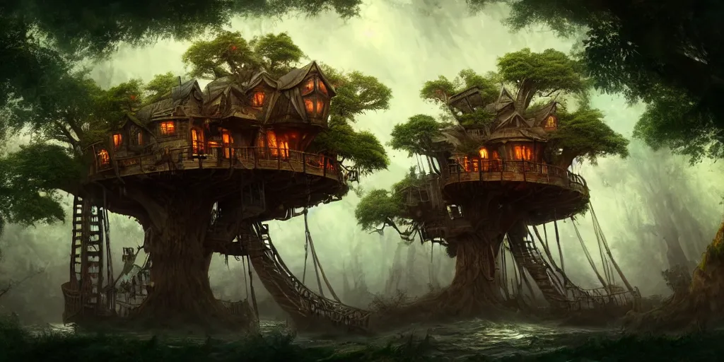 Image similar to A treehouse made out of a derelict pirate ship, the treetops of giant oaks, game art matte painting hyperdetailed, artstation, cgsociety, 8k, surreal dream landscape