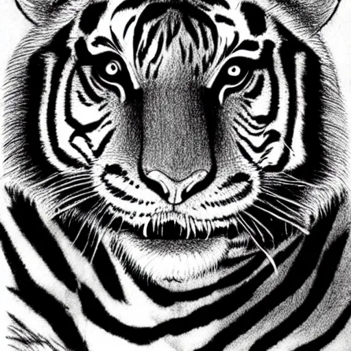 Image similar to a drawing of a tiger by junji ito, horror,