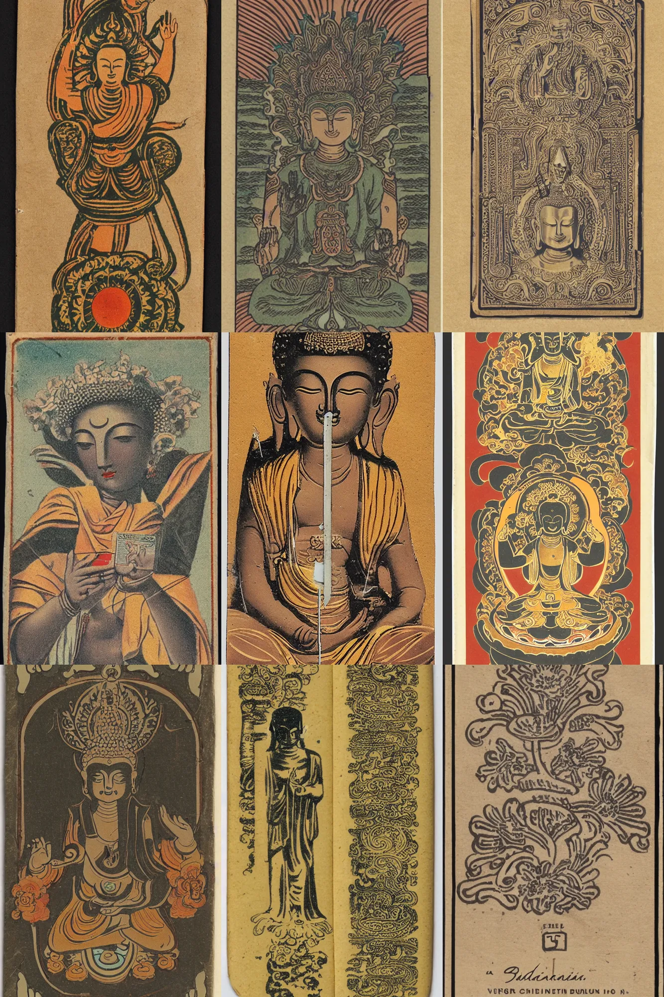 Prompt: design for a vintage cigarette pack from a buddhist italy