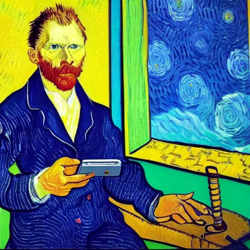 Image similar to a vivid self portrait of van Gogh, holding a smartphone, oil on canvas, trending on artstation