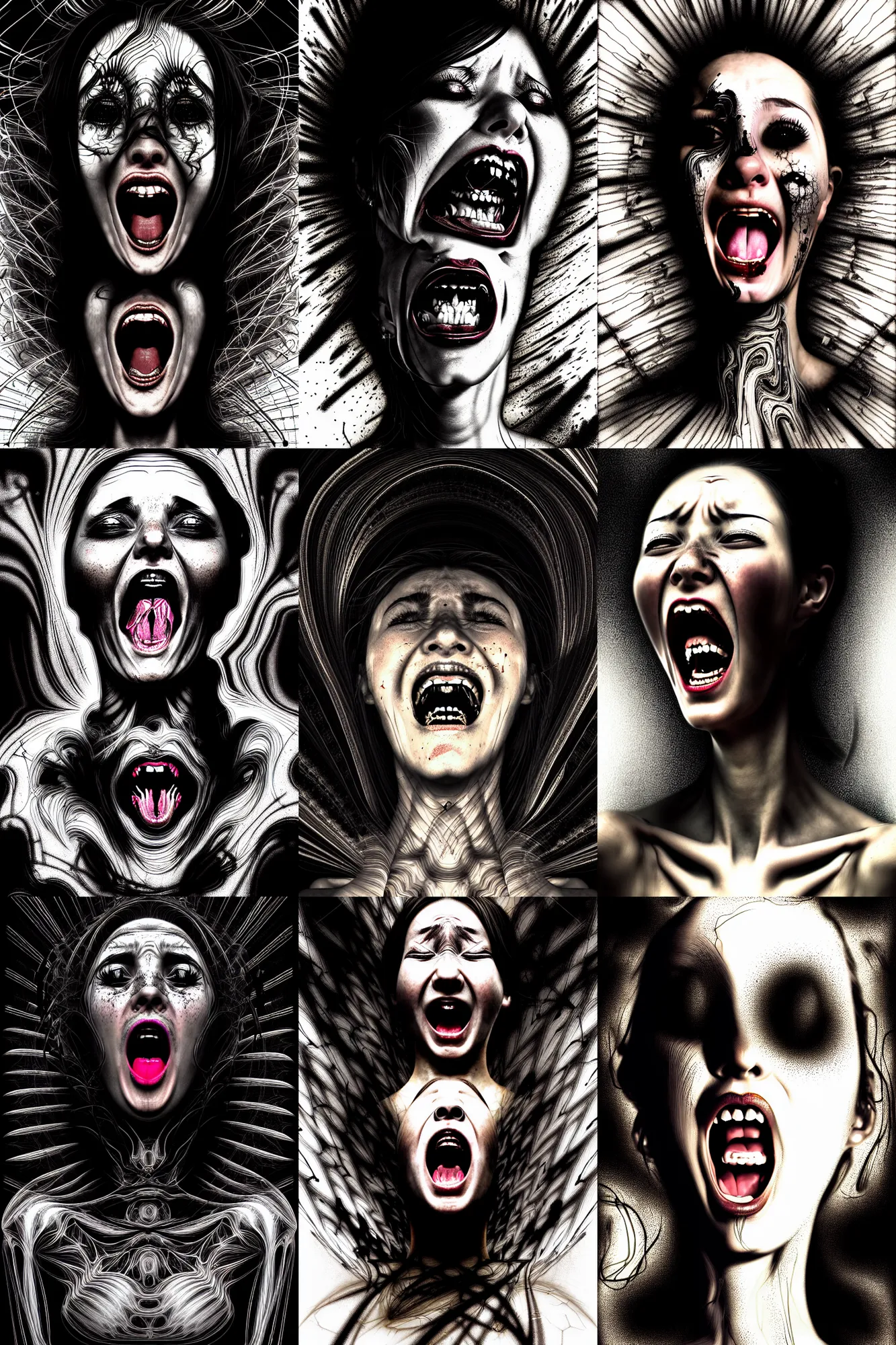 Prompt: portrait of a young woman screaming in agony, pain. speed painting, fractal, mandelbulb, scribble art, lines, black on black, black and white photograph. by caravaggio and dzo and rossdraws and kuciara and giger and mucha