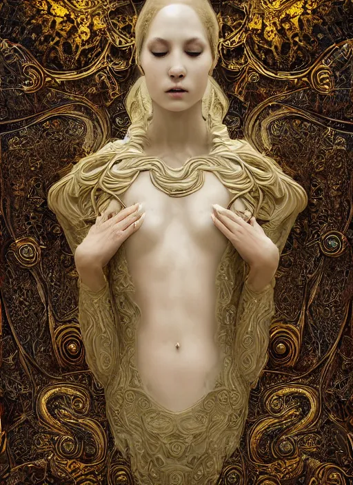 Image similar to marble sculpture of multiple beautiful women, oil slick, palladium veins, dripping, mandelbulb, hypercube, ivory carving, fractal paisley inlay, lace, intricate, elegant, highly detailed, gold inlay, metallic, ivory, artgerm, lace, by ruan jia, greg rutkowski, mucha, zbrush, nick alm