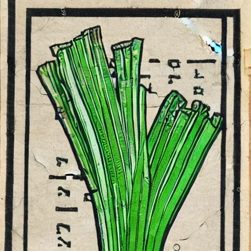 Image similar to cute colourful humanoid celery, from medieval herbarium, highly detailed, sharp focus, white tracing, sticker,