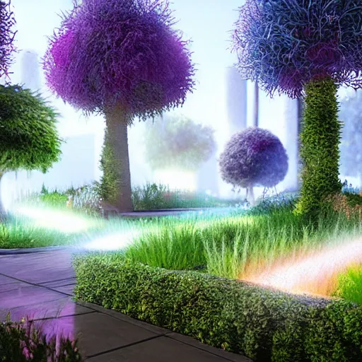 Image similar to futuristic garden very detailed unreal engine volumetric light hyper realistic art station