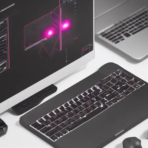 Image similar to gaming setup from future, cyberpunk style, product photo, octane render, unreal render, ultra detail, no noise, isometric, full view