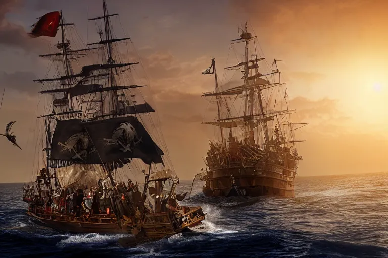 Image similar to portrait of captain jack sparrow sailing into the sunset on a pirate ship