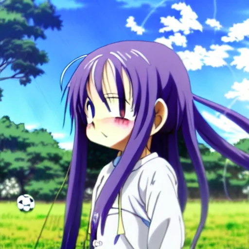 Prompt: A cute little anime girl with long indigo colored hair, wearing a school soccer uniform, in a large grassy green field, petting a cat, shining golden hour, she has detailed black and purple anime eyes, extremely detailed cute anime girl face, she is happy, child like, near a Japanese shrine, screenshot from the anime Higurashi, large black visible pupils in her eyes, Haruhi Suzumiya, Umineko