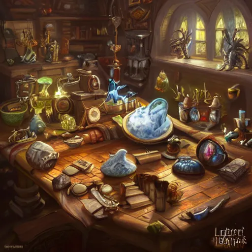 Image similar to hyper realistic, tony sart, table, wizards laboratory, mortar, pestle, scales, magic book, beaker, energy