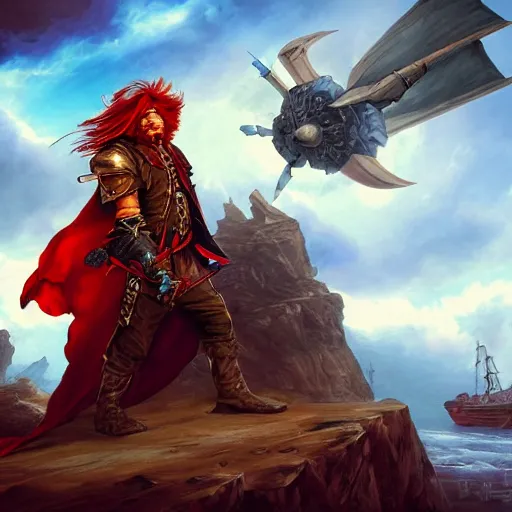 Prompt: an epic fantasy comic book style portrait painting of a long haired, red headed male sky - pirate in front of an airship in the style of bayard wu