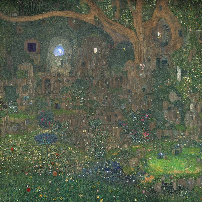 Prompt: ancient overgrown! ruins, medieval gates, runestones, mysetrious etherial mesmerizing runic!! cat eyes, magical elven geometry, concept art by gustav klimt!!, deviantart contest winner, environmental art, fairy circle, lit by moonlight!!, high detail, intricate masterpiece