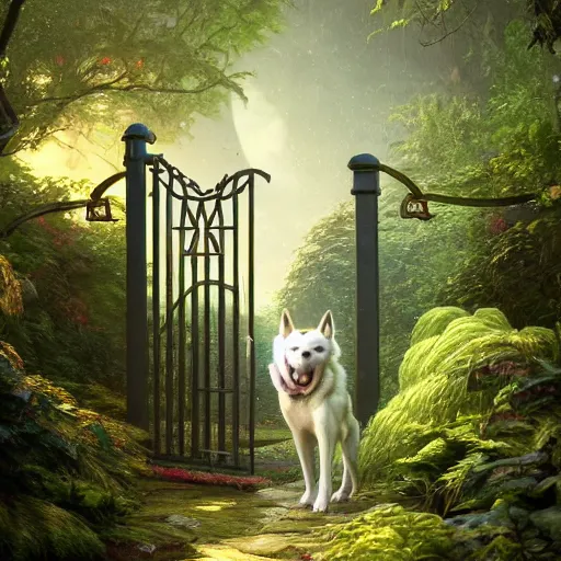 Prompt: gate leading to white alaskan husky in a alaskan lush vegetation, warm tones : by michal karcz, guillermo del toro, daniel merriam, victo ngai and : ornate, dynamic, particulate, intricate, elegant, highly detailed, centered, artstation, smooth, sharp focus, octane render