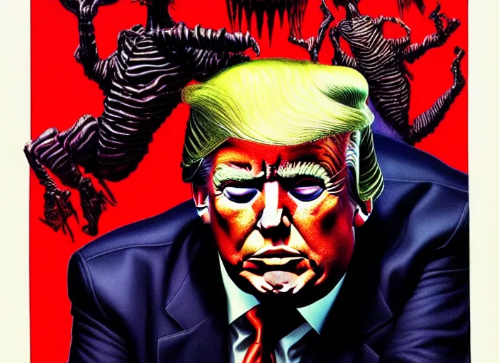 Image similar to donald trump's grotesque true form revealed, horror, high details, intricate details, by vincent di fate, artgerm julie bell beeple, 1 9 8 0 s, inking, vintage 8 0 s print, screen print, rule of thirds by francis tneh