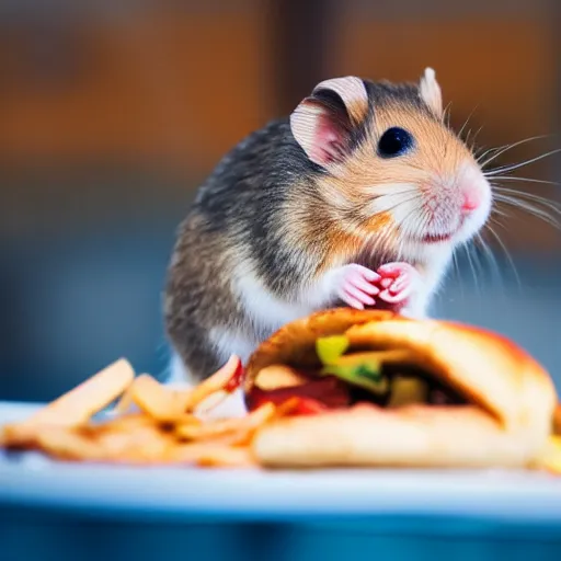 Image similar to detailed photo of a hamster eating a kebab, outdoors, various poses, full body, unedited, daylight, dof 8 k