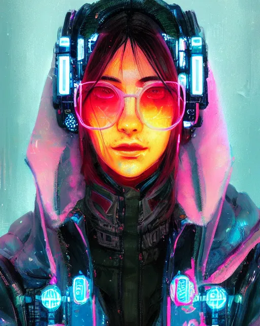 Image similar to detailed portrait Neon Operator Girl, cyberpunk futuristic neon, reflective puffy coat, decorated with traditional Japanese ornaments by Ismail inceoglu dragan bibin hans thoma greg rutkowski Alexandros Pyromallis Nekro Rene Maritte Illustrated, Perfect face, fine details, realistic shaded, fine-face, pretty face