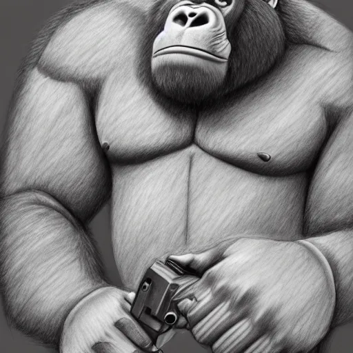 Image similar to a very detailed pencil drawing of heavy from tf 2 fighting a gorilla 4 k, high resolution, still, landscape, hd, dslr, hyper realistic, sketch