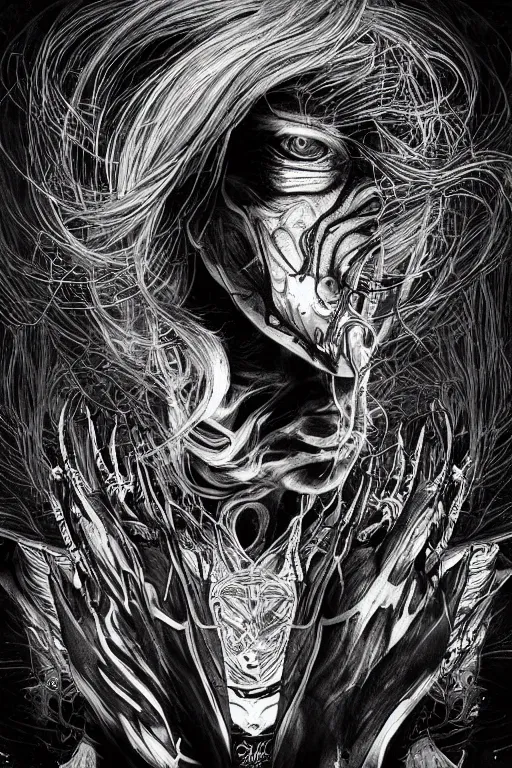 Image similar to black and white illustration, creative design, body horror, alex gray, android jones