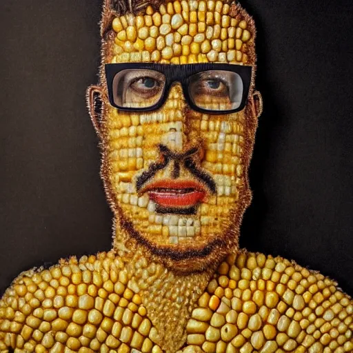 Prompt: photo portrait of partick stewart made of corn cob