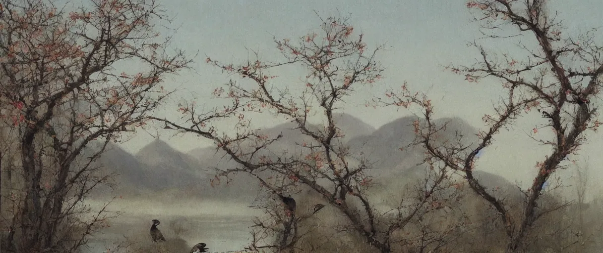 Prompt: In early Spring, Birds chirping in the distant forest near a river. Warm lighting, oil painting, by Zhao Wuji