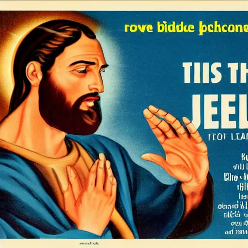 Image similar to Jesus advertising the Bible, 1950s Advert style,