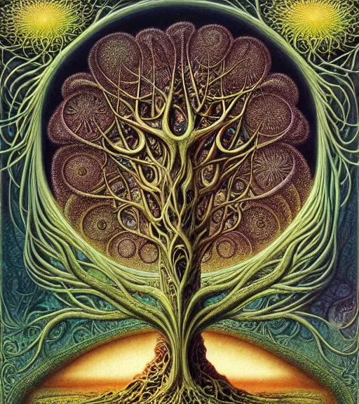 Image similar to tree of life by roger dean and andrew ferez, art forms of nature by ernst haeckel, divine chaos engine, symbolist, visionary, art nouveau, botanical fractal structures, organic, detailed, realistic, surreality