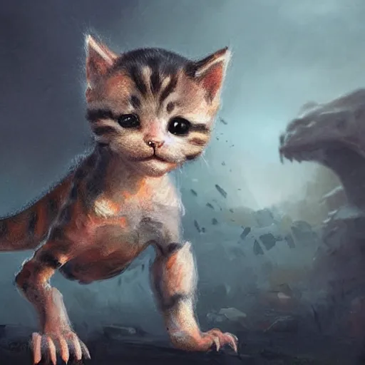 Prompt: a kitten dinosaur hybrid by greg rutkowski