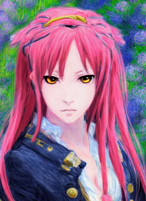 Prompt: a portrait of a female pirate, pink uniform, very anime in impressionist style, anime trending artwork, anime painter studio, by claude monet