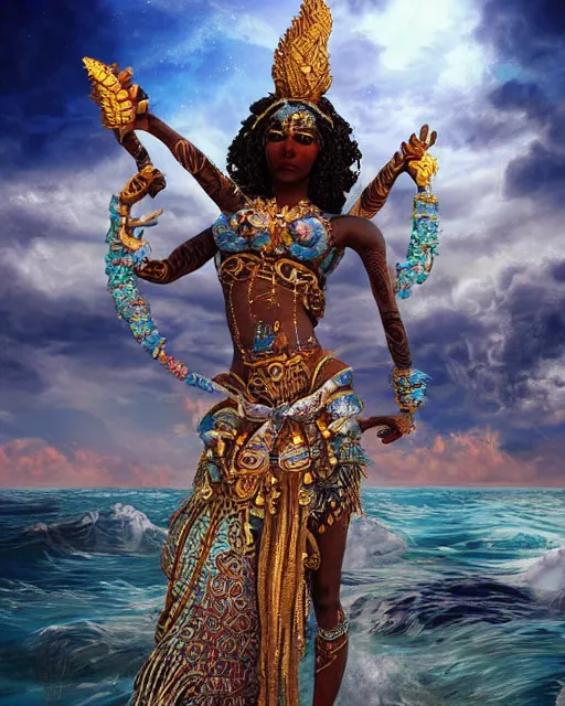 Image similar to a beautiful illustration of an orisha god, intricate and detailed, beautiful sea in the background, epic sky, vray render, artstation, deviantart, pinterest, 5 0 0 px models