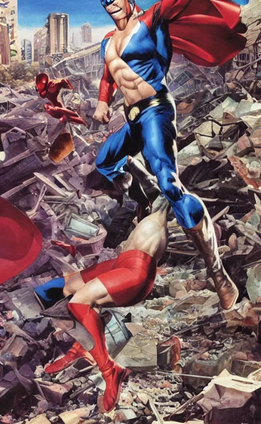 Image similar to defeated super hero in the rubble of a building by alex ross and boris vallejo