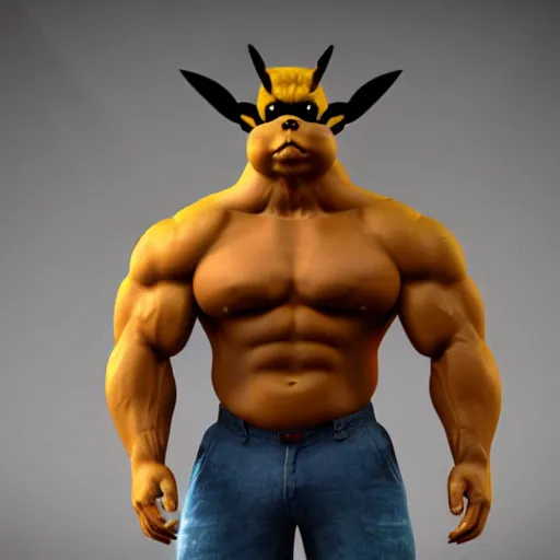 Prompt: detailed render of an ultra - strong neanderthal bodybuilder pikachu