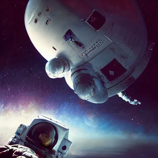 Prompt: painting of an astronaut floating in space by greg rutkowski and craig mullins, Dark cinematic and atmospheric, Dark space, Film photography, UHD 8k,