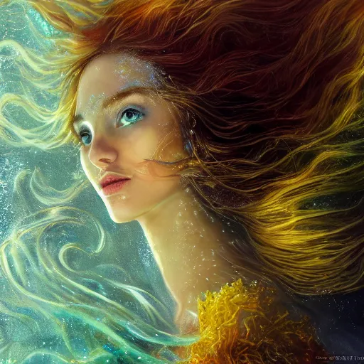 Prompt: Portrait of a mermaid in a luminescent sunken ship, face, orange flowing hair, fantasy, intricate, elegant, beautiful, magical, enchanted, yellow mist, bubbles, highly detailed, digital painting, trending on artstation, concept art, smooth, sharp focus, illustration, art by Heady Tale and Artem Demura and Norman Rockwell, 4k, 8k