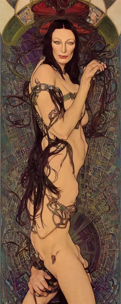 Image similar to striking sensual colorful art nouveau style portrait of anjelica huston as an industrial leatherpunk rebel commander by glenn fabry, simon bisley and alphonse mucha, photorealism, extremely hyperdetailed, perfect symmetrical facial features, perfect anatomy, ornate declotage, spikes, latex, excited expression, wild eyes