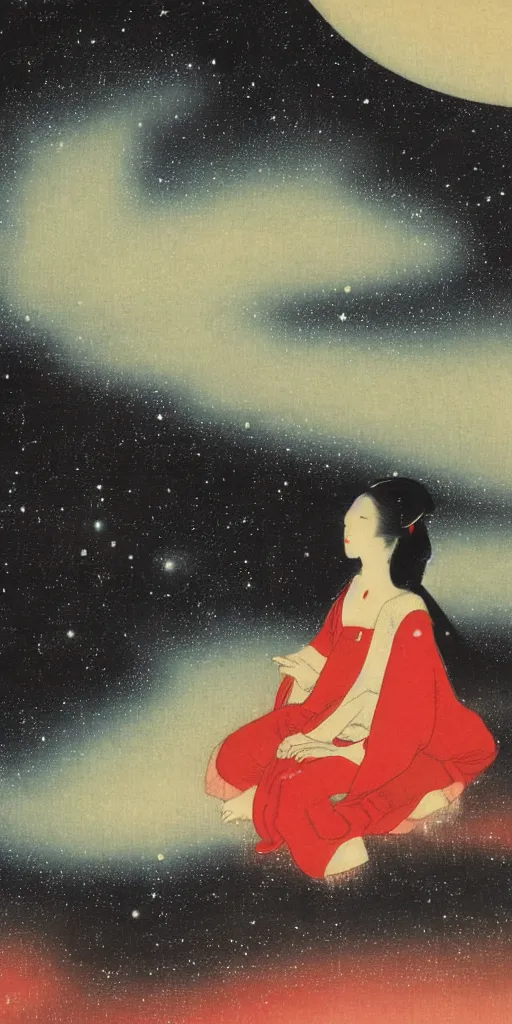 Prompt: painting of the night sky by kitano tsunetomi, 1 9 3 9