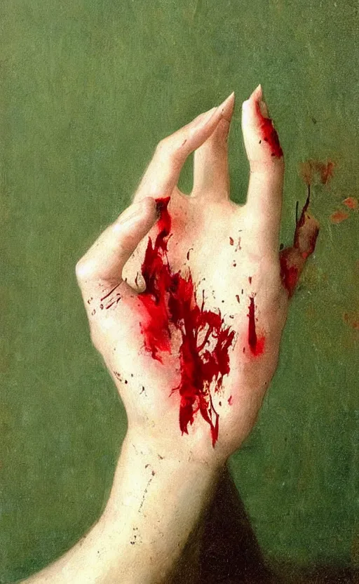 Prompt: by 1 9 th century famous painter, hands, nail polish, blood smear, blood dripping, knife, realism, realistic, oil painting, green wallpaper background