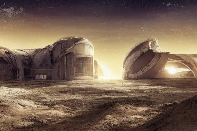 Image similar to matte painting of an outside view of abandoned space station in the deep space