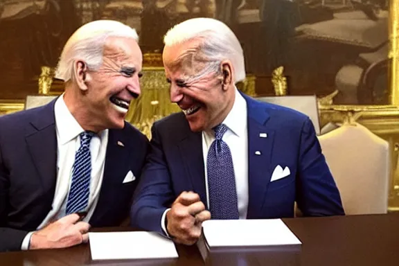 Image similar to “ very very intricate photorealistic photo of satan and joe biden laughing together, detailed natural lighting, award - winning crisp details ”