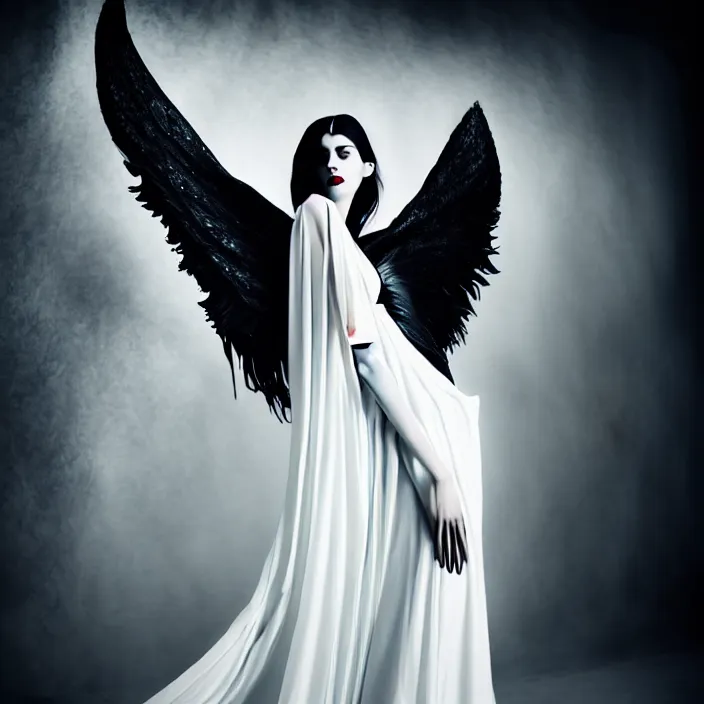 Image similar to photo portrait of a beautiful woman like a dark fallen angel, total body dressed in long elegant intricate ornamental white dress, fine art photography by Giovanni Gastel, professional studio dramatic lighting, volumetric lighting, dramatic colors scheme , hyper realistic photography in style of Vogue Fashion magazine