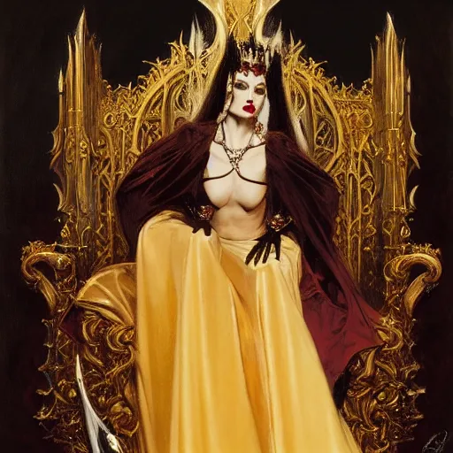 Image similar to perfectly centered portrait of attractive vampire queen in gold gothic robe sitting on a throne of black bones, painting by gaston bussiere, craig mullins, j. c. leyendecker, 8 k, mid shot