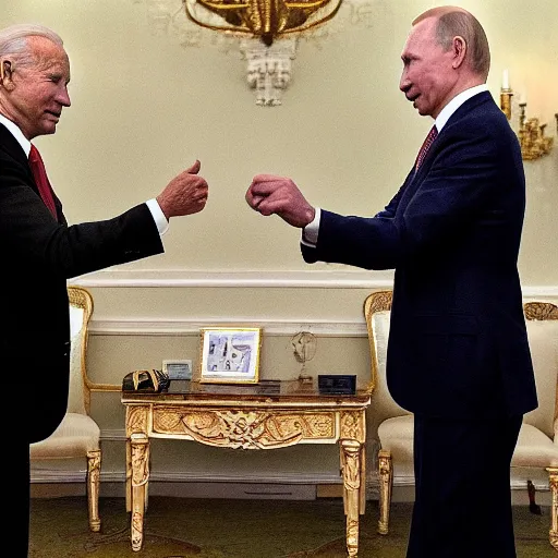 Prompt: biden and putin playing rock paper scissors, no one wins because both of them played scissors