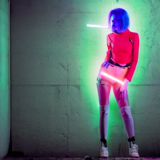 Image similar to cyberpunk young woman with blue hair and cybernetic leg implants smoking and leaning against a wall lit in neon