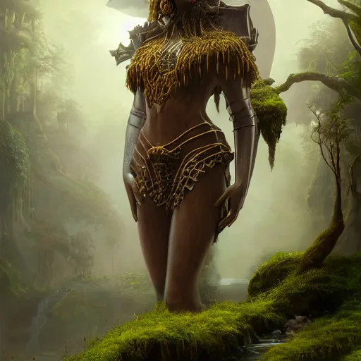 Image similar to tom bagshaw, beautiful amazon full armor, mythical cosmic shrine, soft painting render curiosities carnival pond river vegetation rocks bugs wildlife mushrooms covered moss bioluminescent wisps, beautiful stunning waterfall, accurate features, focus, very intricate ultrafine details, random volumetric lighting, fog, award winning masterpiece, octane render 8 k hd, artstation