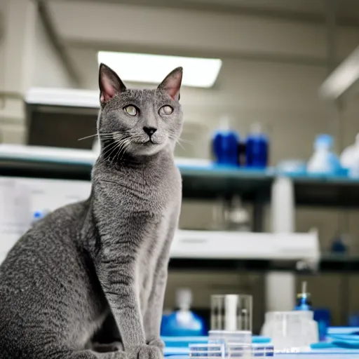 Prompt: a grey cat in a biology lab with a lab coat