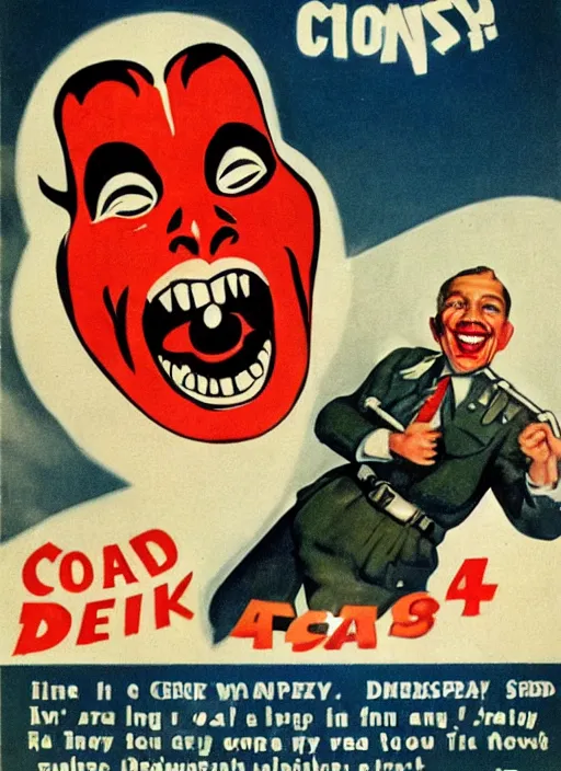 Prompt: creepy Tank Dempsey with a scary comically large smile, 1940s scare tactic propaganda art