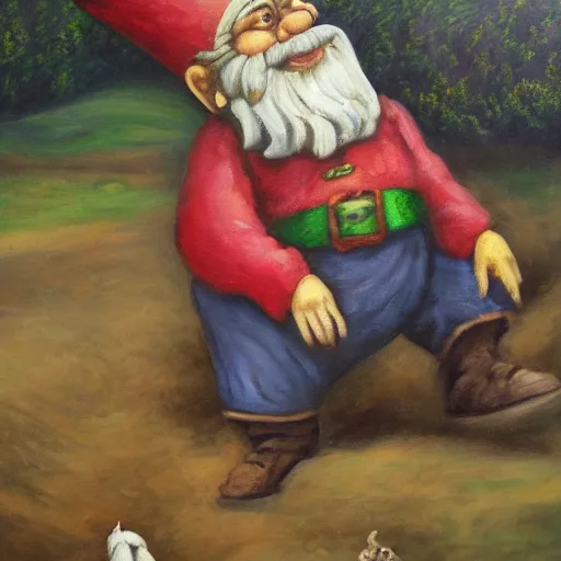 Image similar to a gnome having delight with goat manure, a detailed oil painting