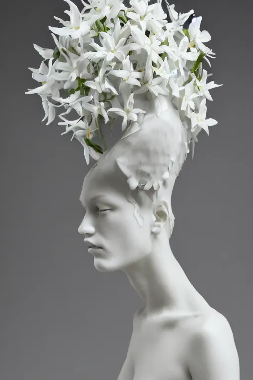 Prompt: full head and shoulders, beautiful female porcelain sculpture by daniel arsham and james jean, smooth, all white features on a white background, delicate facial features, white eyes, white lashes, detailed tangled white lillies and lillie leaves on the head, volumetric lighting