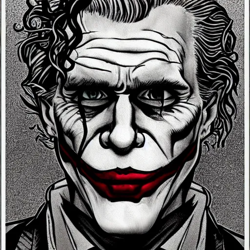 Image similar to portrait of the joker, mash - up between mc escher and vincent van gogh, marvel comics style