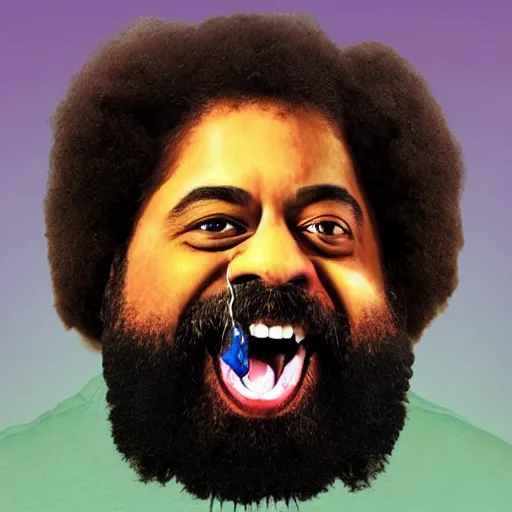 Image similar to reggie watts face on buffalo, painting